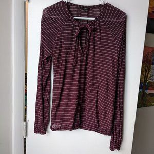 Lucky Brand Tie Neck Peep Hole Bow Burgundy Striped Long Sleeve Size Medium